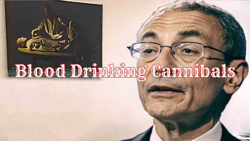 John podesta with cannibal art hanging on his office wall