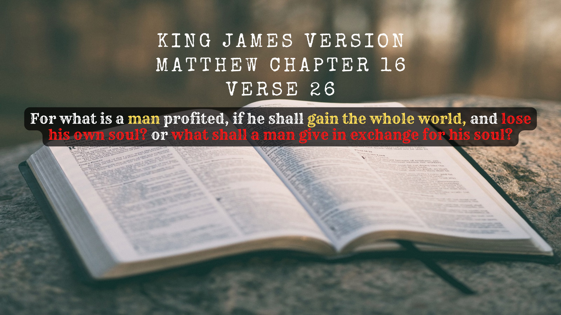 King James Holy Bible Matthew Chapter 16 Verse 26 For what is a man profited, if he shall gain the whole world, and lose his own soul or what shall a man give in exchange for his soul