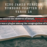 King James Holy Bible Numbers Chapter 31 Verse 16 Behold, these caused the children of Israel, through the counsel of Balaam, to commit trespass against the LORD in the matter of Peor, and there was a plague among the congregation of the LORD.