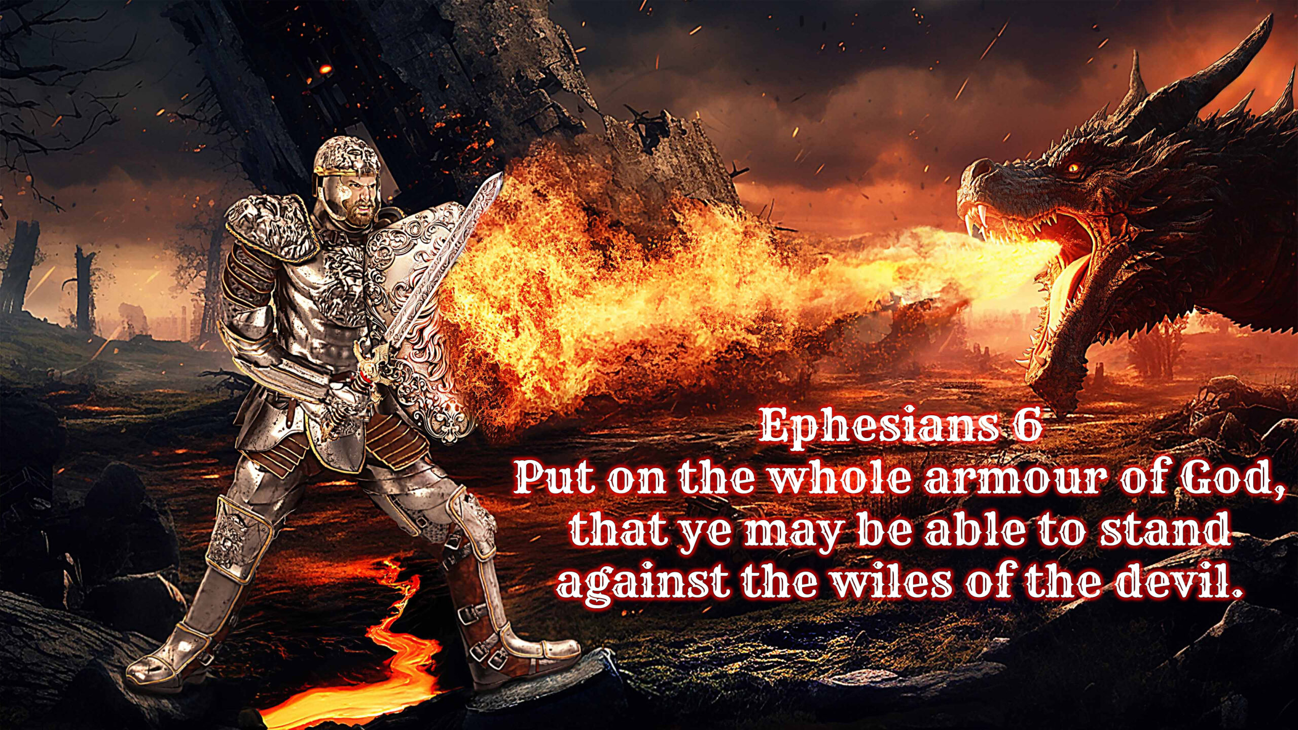 The Armour Of God knight fights fire breathing dragon shield of faith sword of the spirit battle spiritual warfare